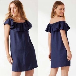 Tommy Bahama Navy Linen Blue St Lucia Off Shoulder Dress Pockets Sz Large Beachy